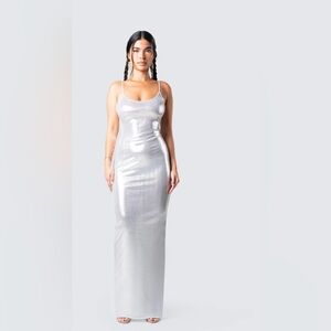Finesse Sleek Metallic Silver Maxi Dress